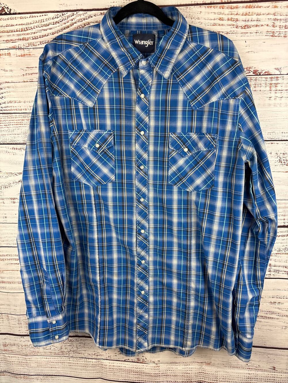 Wrangler Blue White Plaid Pearl Snap Long Sleeve Shirt Western Cowboy Mens XL